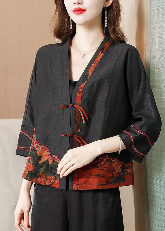 Vintage Black Embroideried Chinese Button Silk Jacket Bracelet Sleeve LY0695 - fabuloryshop