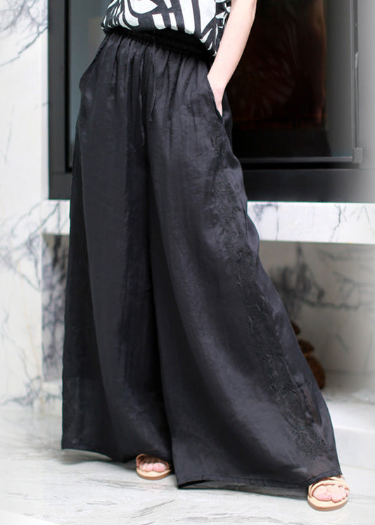 Vintage Black Embroideried Elastic Waist Solid Linen Wide Leg Pants Summer LY5107 - fabuloryshop