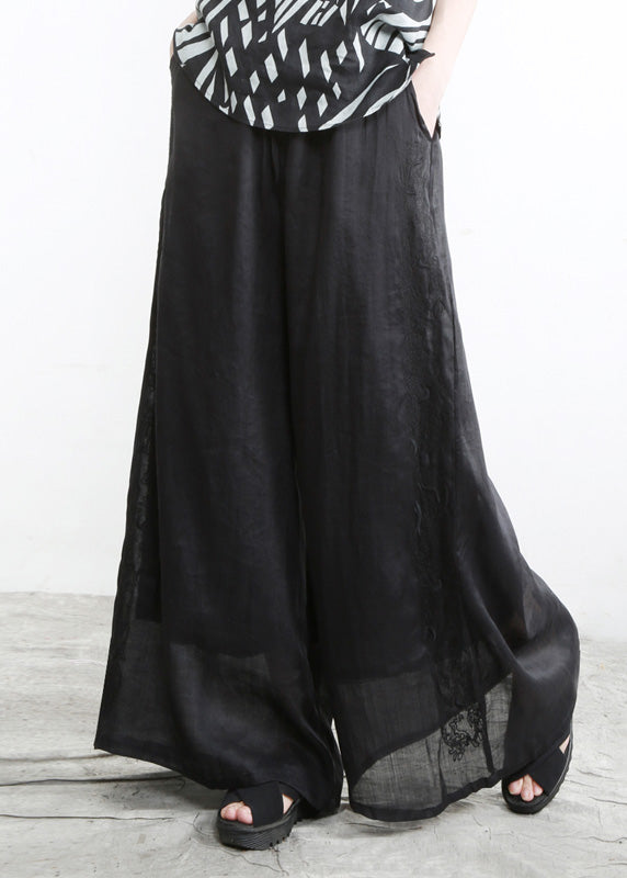 Vintage Black Embroideried Elastic Waist Solid Linen Wide Leg Pants Summer LY5107 - fabuloryshop