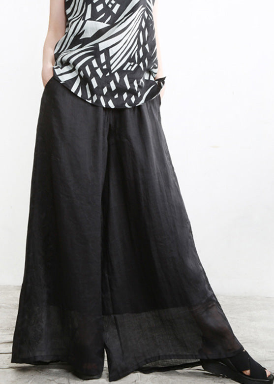 Vintage Black Embroideried Elastic Waist Solid Linen Wide Leg Pants Summer LY5107 - fabuloryshop