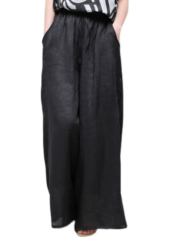 Vintage Black Embroideried Elastic Waist Solid Linen Wide Leg Pants Summer LY5107 - fabuloryshop