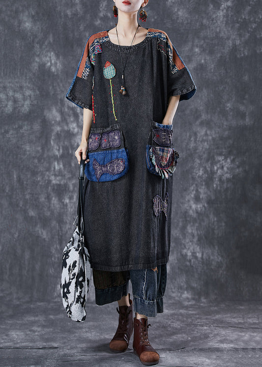 Vintage Black Embroideried Patchwork Applique Denim Maxi Dresses Summer LY6729 - fabuloryshop