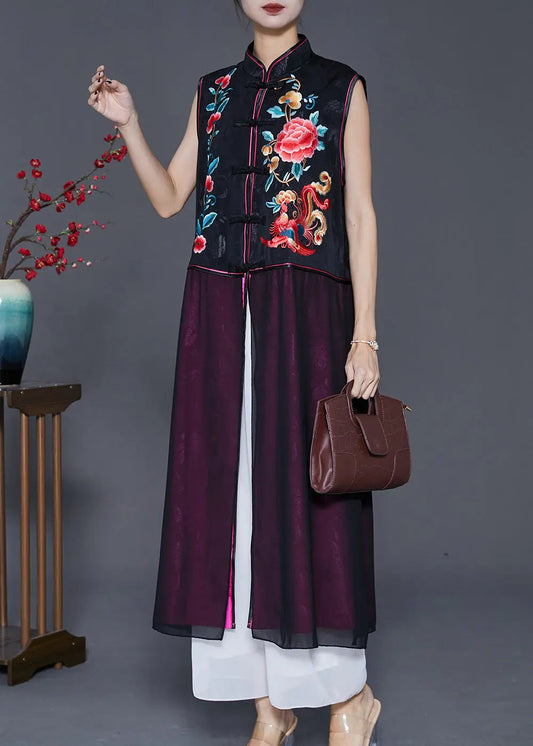 Vintage Black Embroideried Patchwork Silk Long Vest Fall Ada Fashion