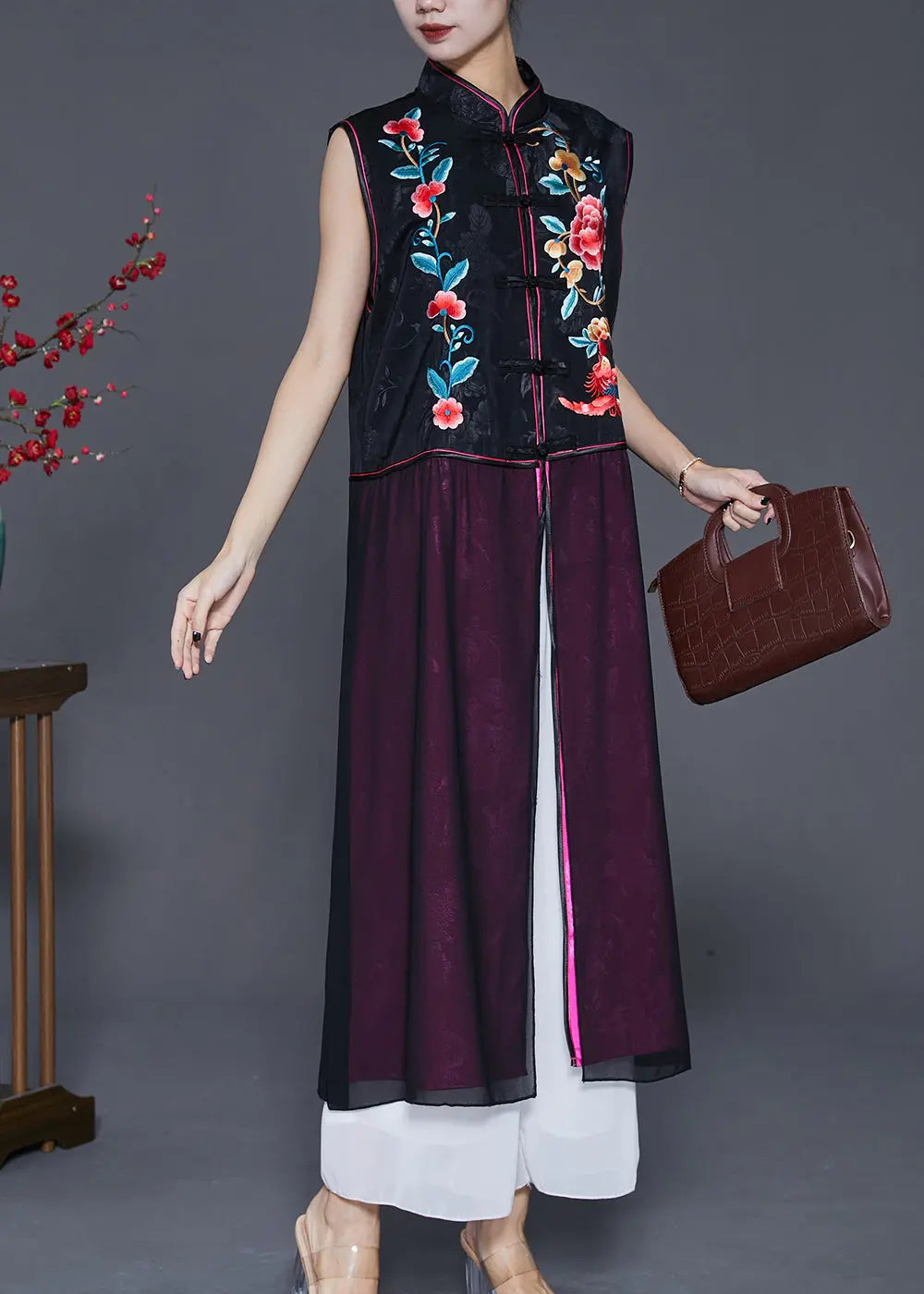 Vintage Black Embroideried Patchwork Silk Long Vest Fall Ada Fashion
