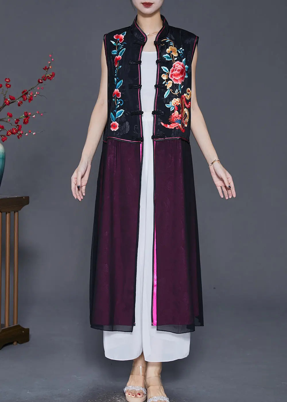 Vintage Black Embroideried Patchwork Silk Long Vest Fall Ada Fashion