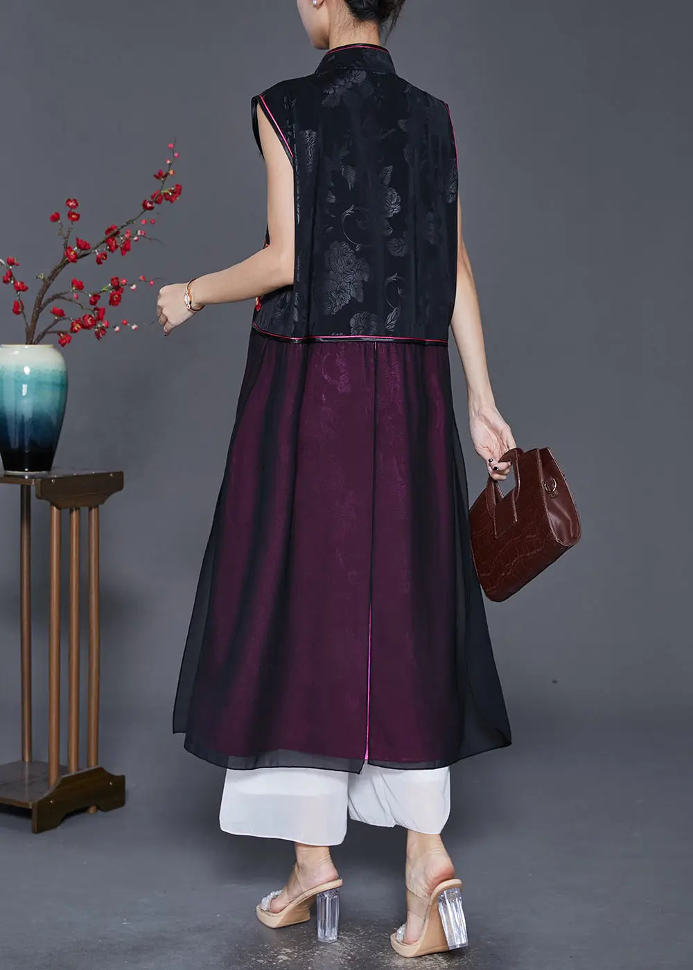 Vintage Black Embroideried Patchwork Silk Long Vest Fall Ada Fashion