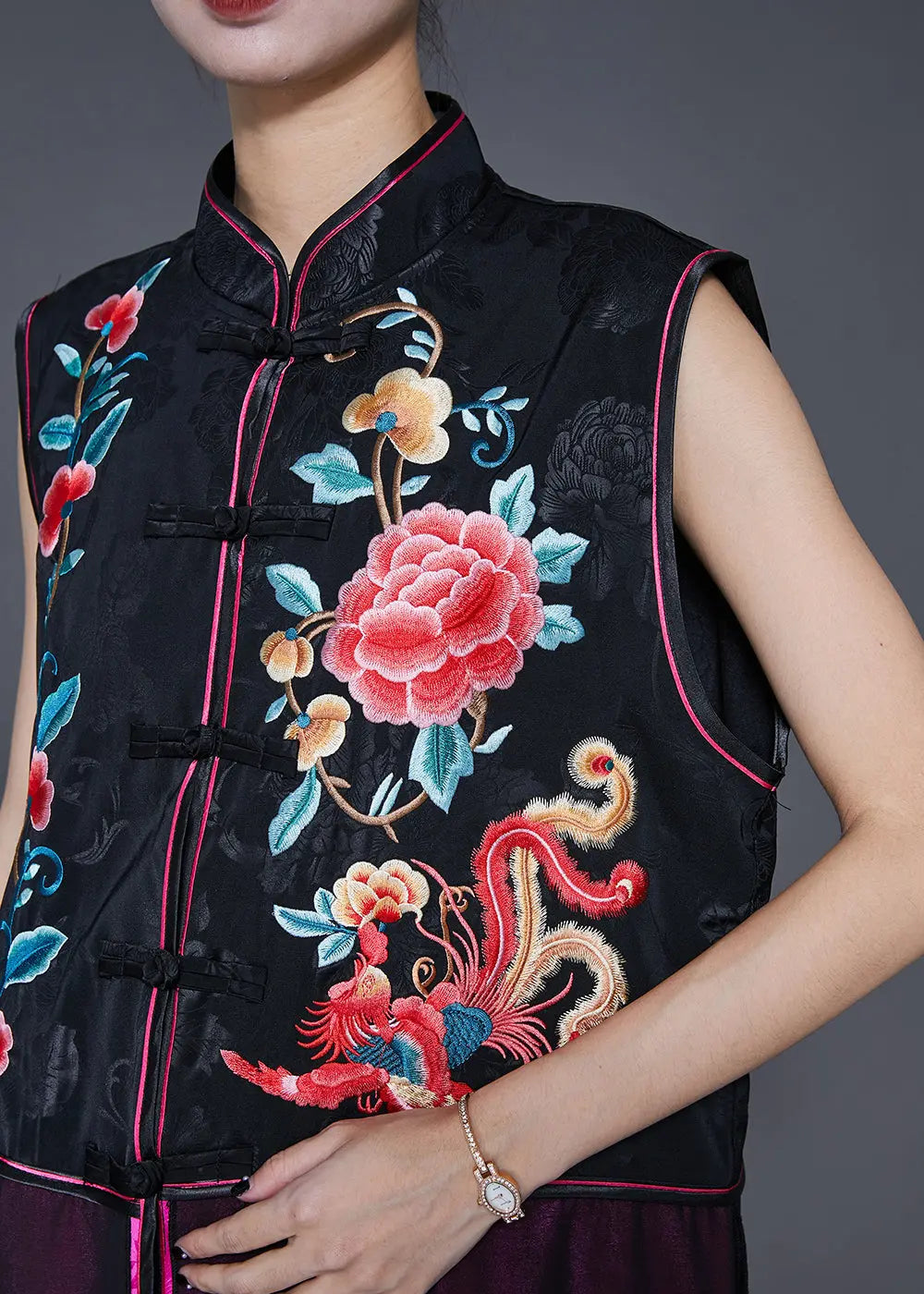 Vintage Black Embroideried Patchwork Silk Long Vest Fall Ada Fashion