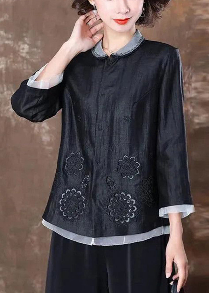Vintage Black Embroideried Patchwork Silk Two Piece Set Women Clothing Spring LY2729 - fabuloryshop