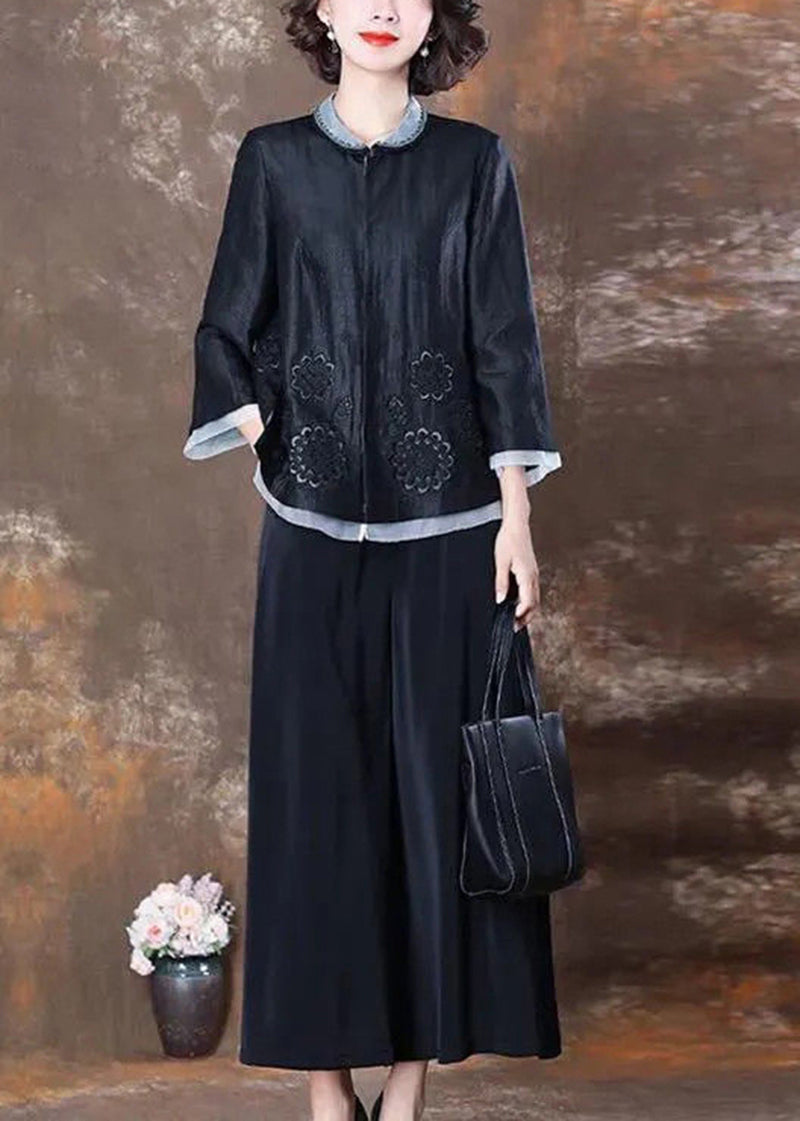 Vintage Black Embroideried Patchwork Silk Two Piece Set Women Clothing Spring LY2729 - fabuloryshop