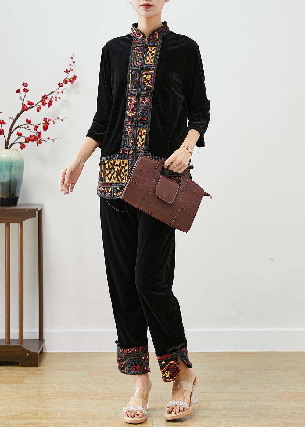 Vintage Black Embroideried Patchwork Silk Velour Two Piece Set Women Clothing Fall Ada Fashion