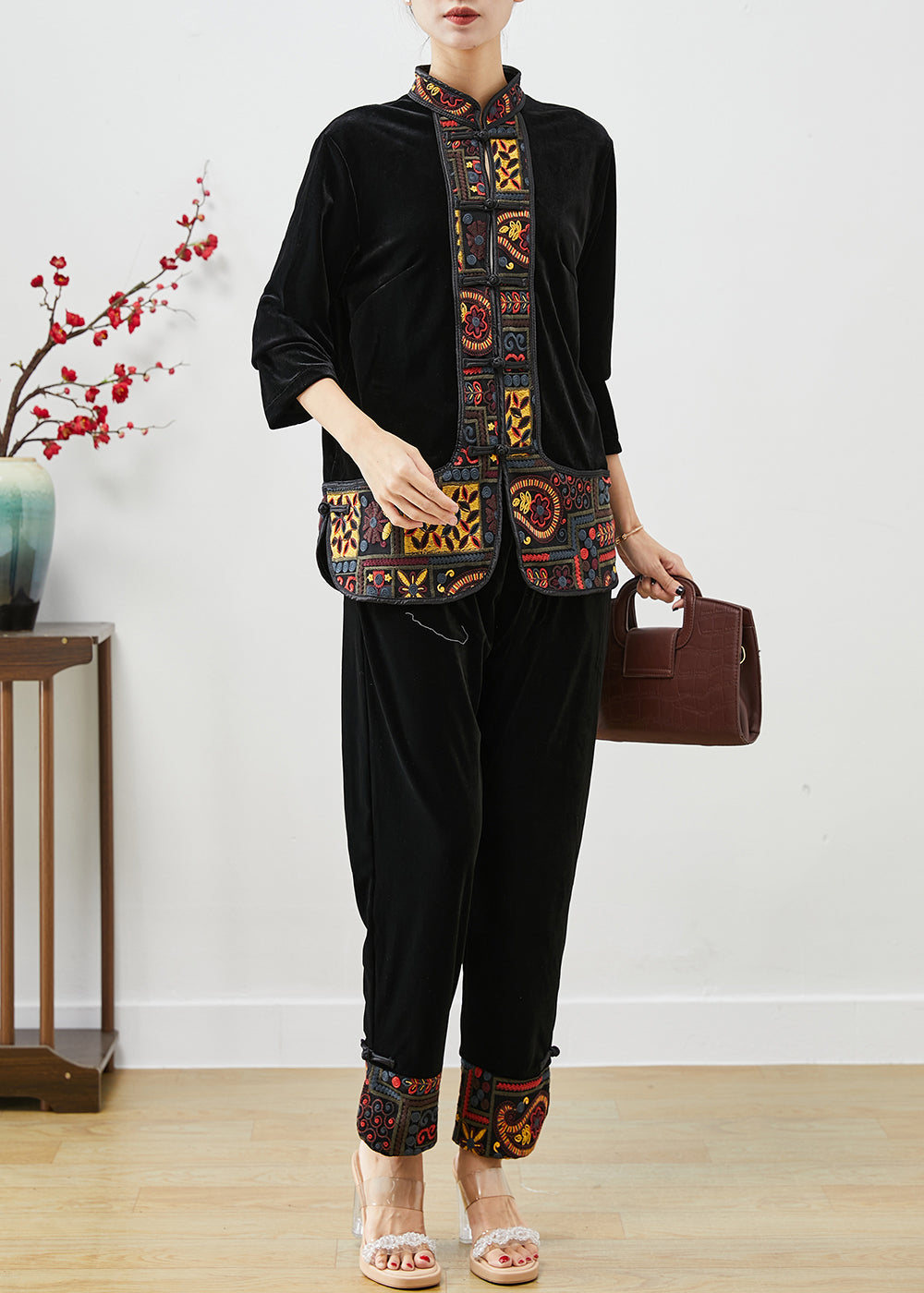 Vintage Black Embroideried Patchwork Silk Velour Two Piece Set Women Clothing Fall Ada Fashion