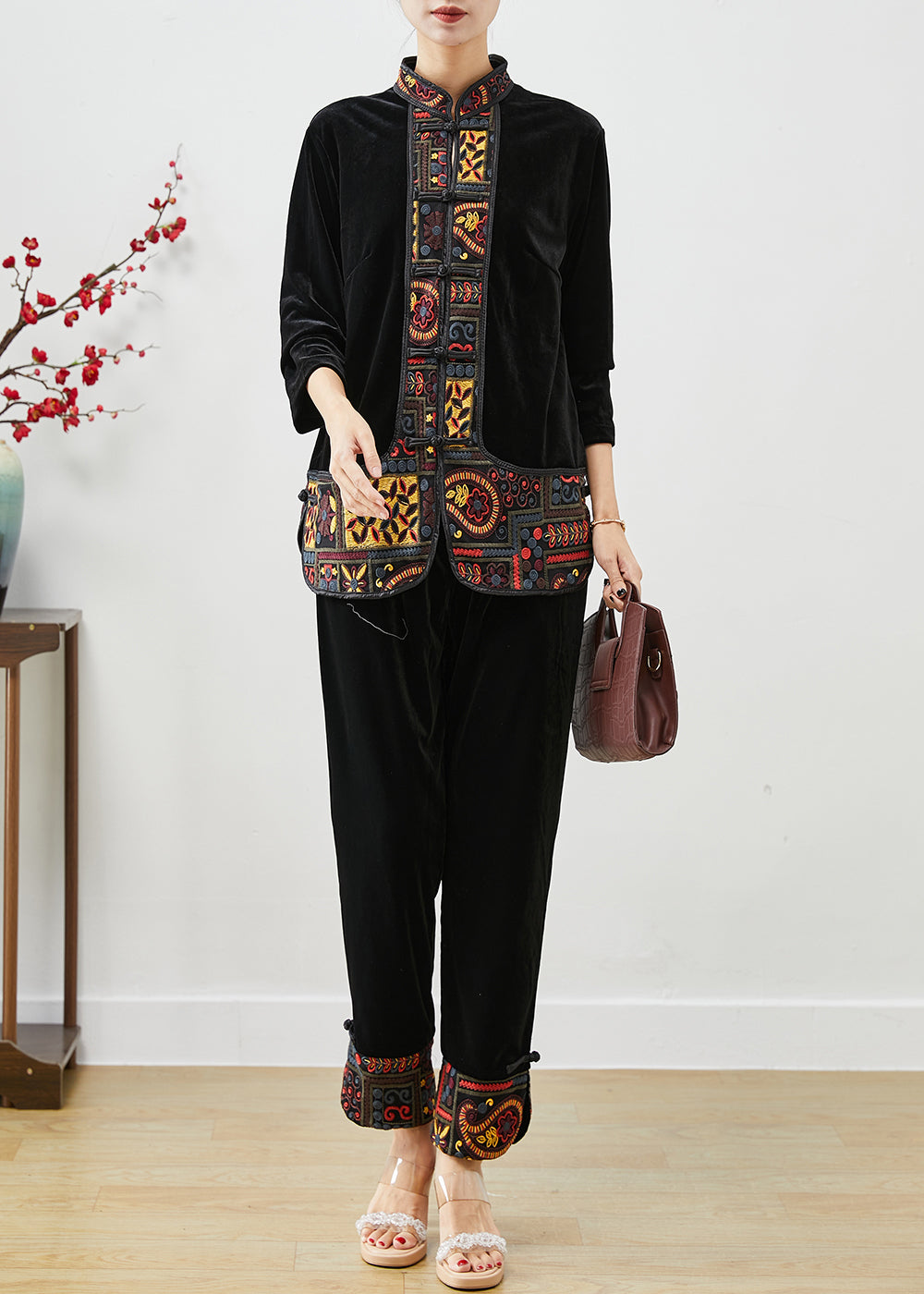 Vintage Black Embroideried Patchwork Silk Velour Two Piece Set Women Clothing Fall Ada Fashion