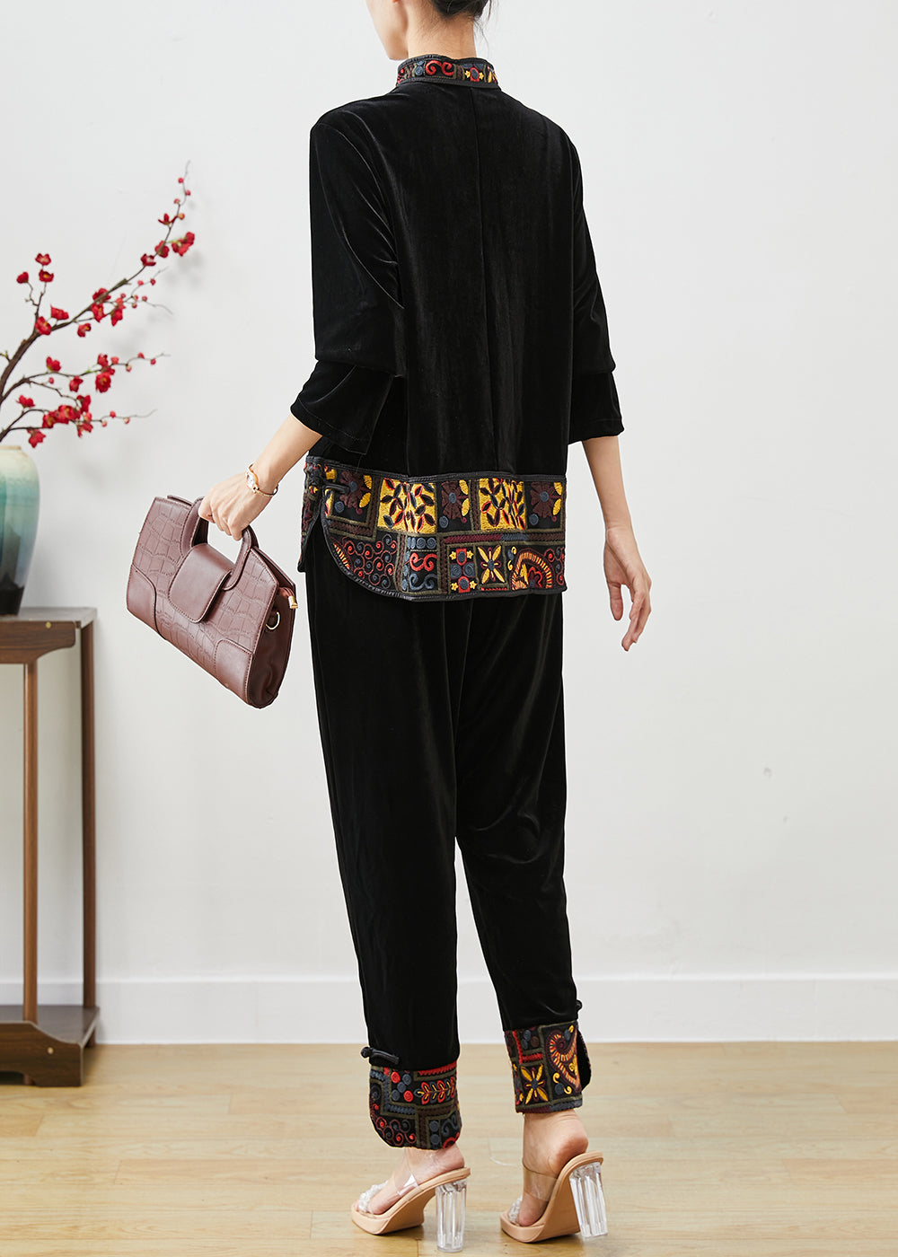 Vintage Black Embroideried Patchwork Silk Velour Two Piece Set Women Clothing Fall Ada Fashion
