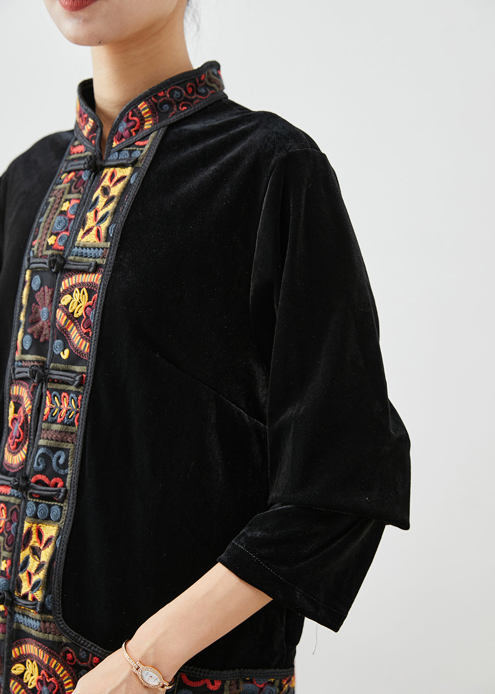 Vintage Black Embroideried Patchwork Silk Velour Two Piece Set Women Clothing Fall Ada Fashion