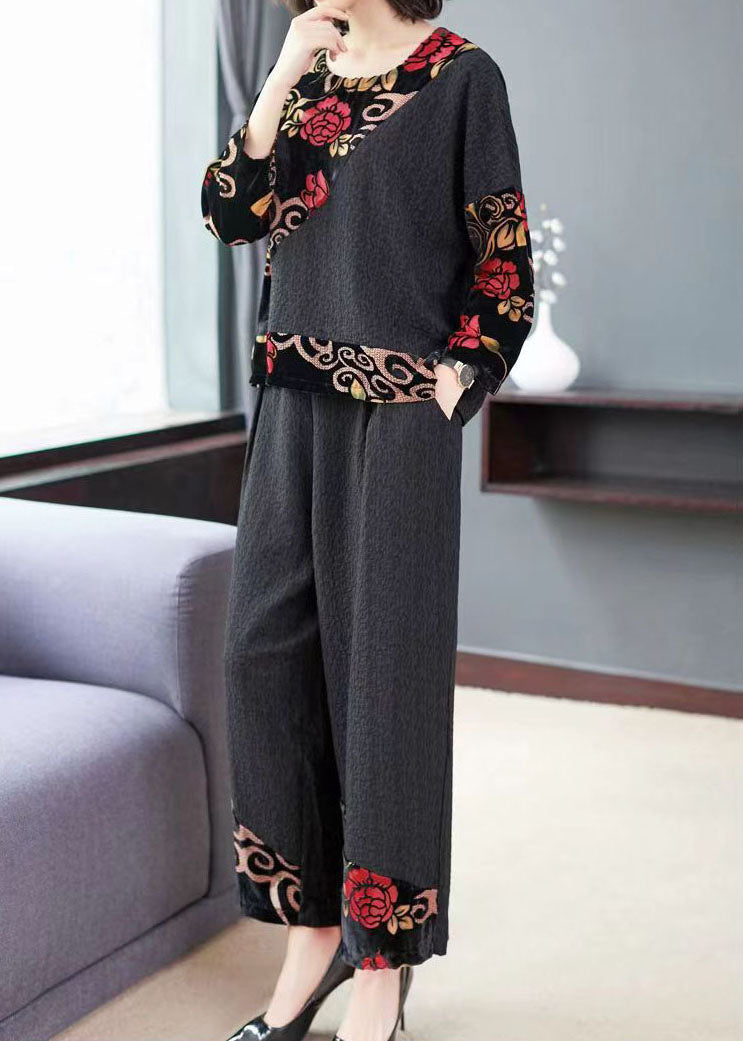 Vintage Black Embroideried Tops And Wide Leg Pants Cotton Two Piece Set Fall TF1042 - fabuloryshop