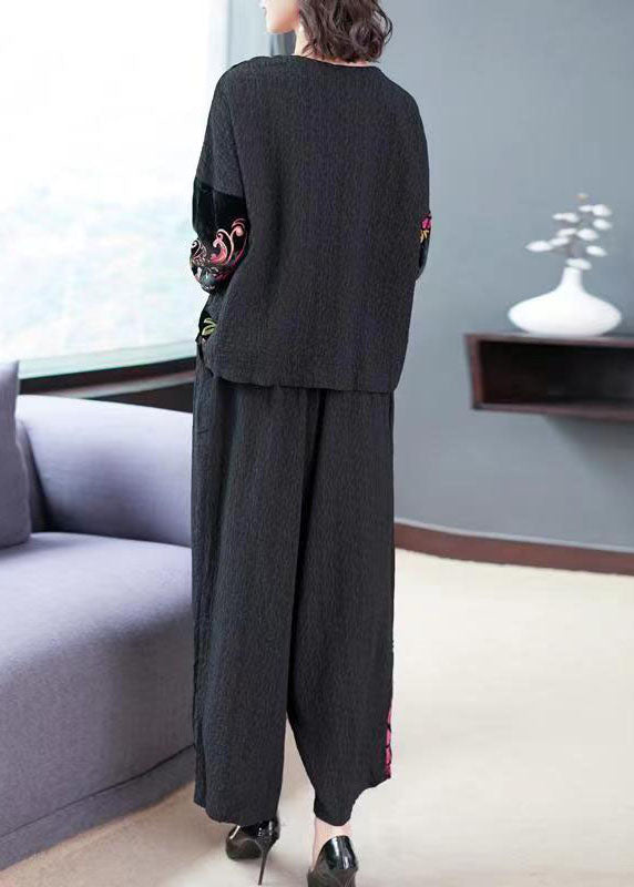 Vintage Black Embroideried Tops And Wide Leg Pants Cotton Two Piece Set Fall TF1042 - fabuloryshop