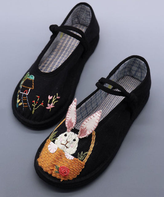 Vintage Black Embroidery Buckle Strap Splicing Flat Shoes For LY4333 - fabuloryshop