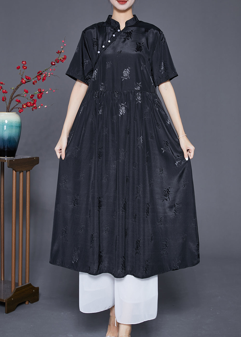 Vintage Black Mandarin Collar Jacquard Exra Large Hem Silk Dresses Summer Ada Fashion