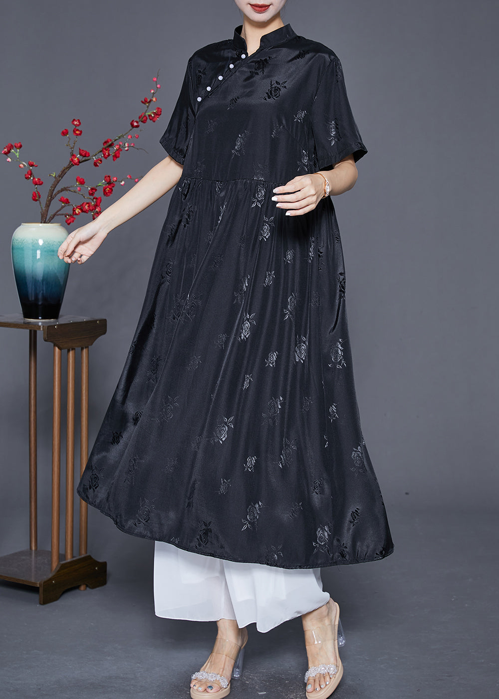Vintage Black Mandarin Collar Jacquard Exra Large Hem Silk Dresses Summer Ada Fashion