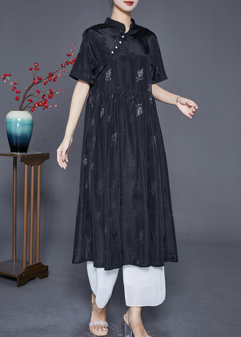 Vintage Black Mandarin Collar Jacquard Exra Large Hem Silk Dresses Summer Ada Fashion