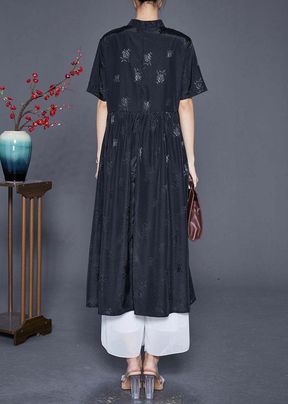 Vintage Black Mandarin Collar Jacquard Exra Large Hem Silk Dresses Summer Ada Fashion
