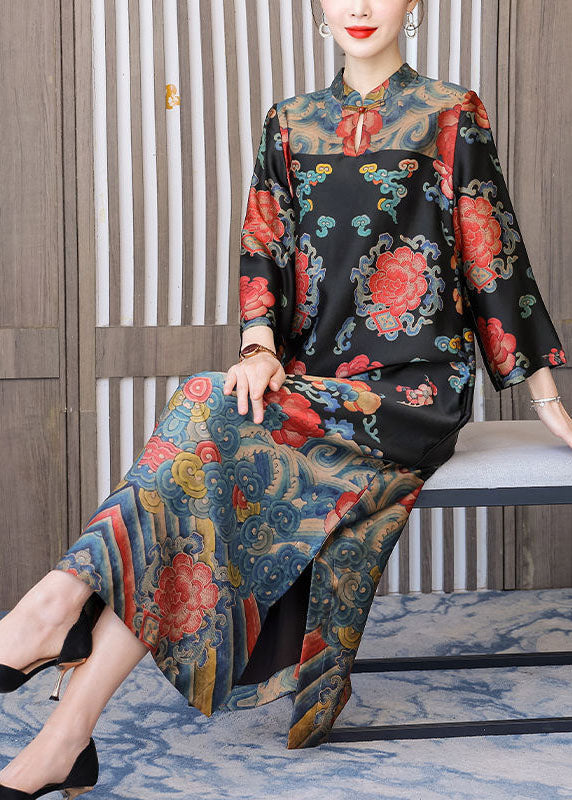 Vintage Black Mandarin Collar Print Silk Long Dresses Bracelet Sleeve LY1710 - fabuloryshop