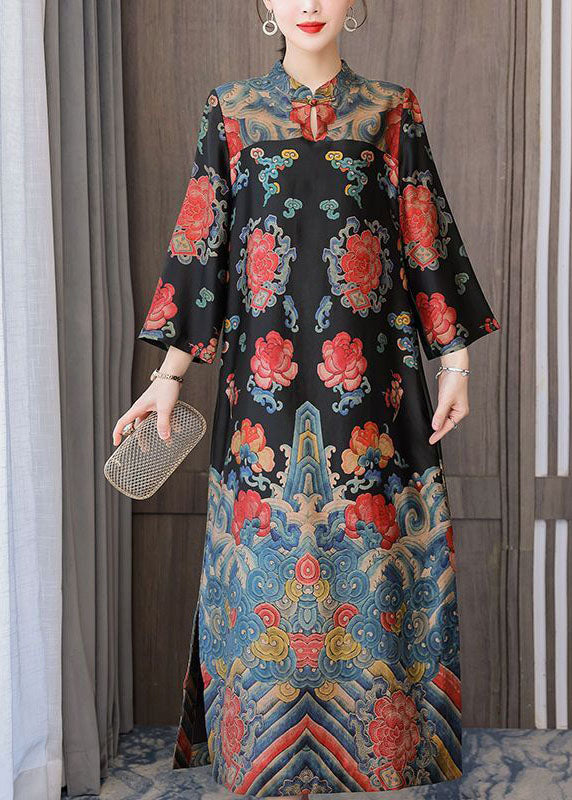 Vintage Black Mandarin Collar Print Silk Long Dresses Bracelet Sleeve LY1710 - fabuloryshop