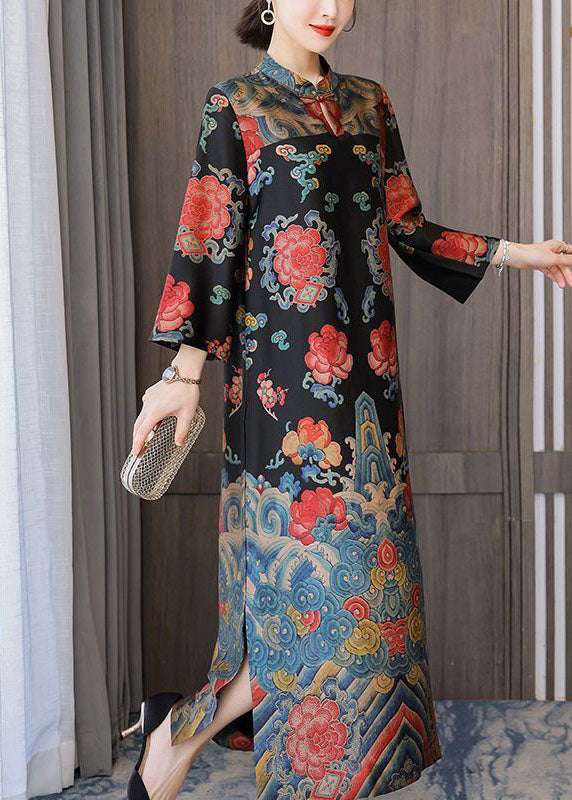 Vintage Black Mandarin Collar Print Silk Long Dresses Bracelet Sleeve LY1710 - fabuloryshop