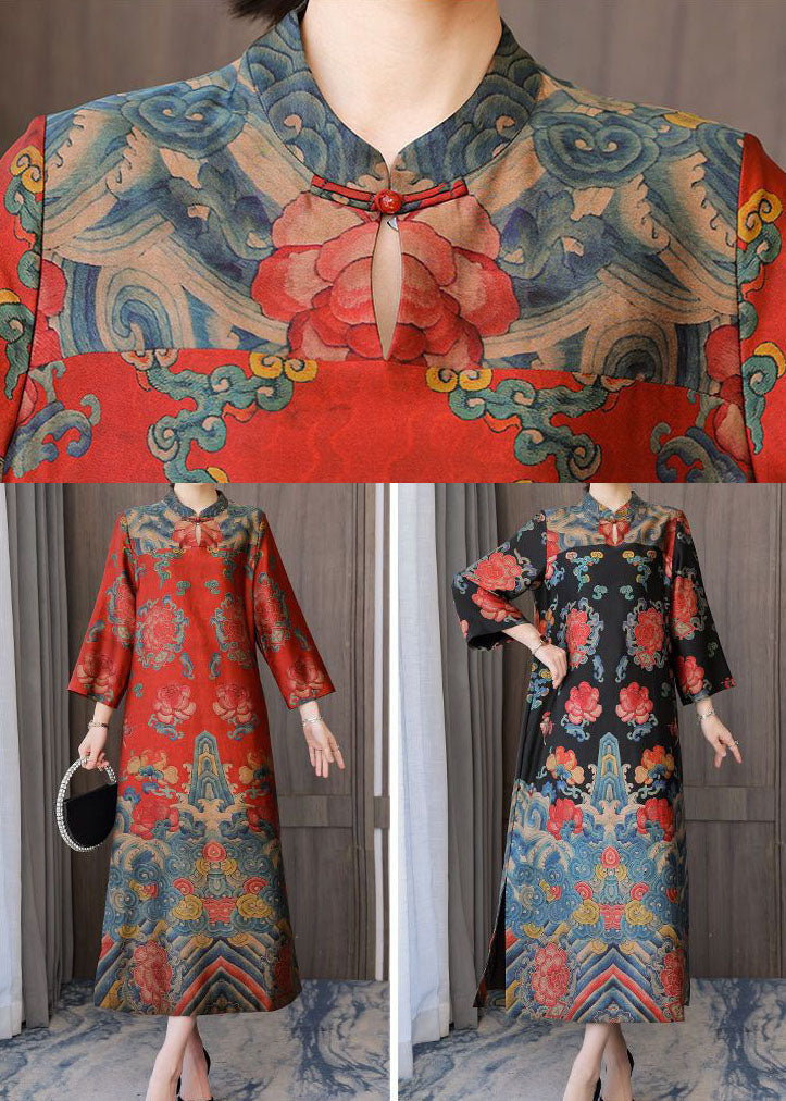 Vintage Black Mandarin Collar Print Silk Long Dresses Bracelet Sleeve LY1710 - fabuloryshop
