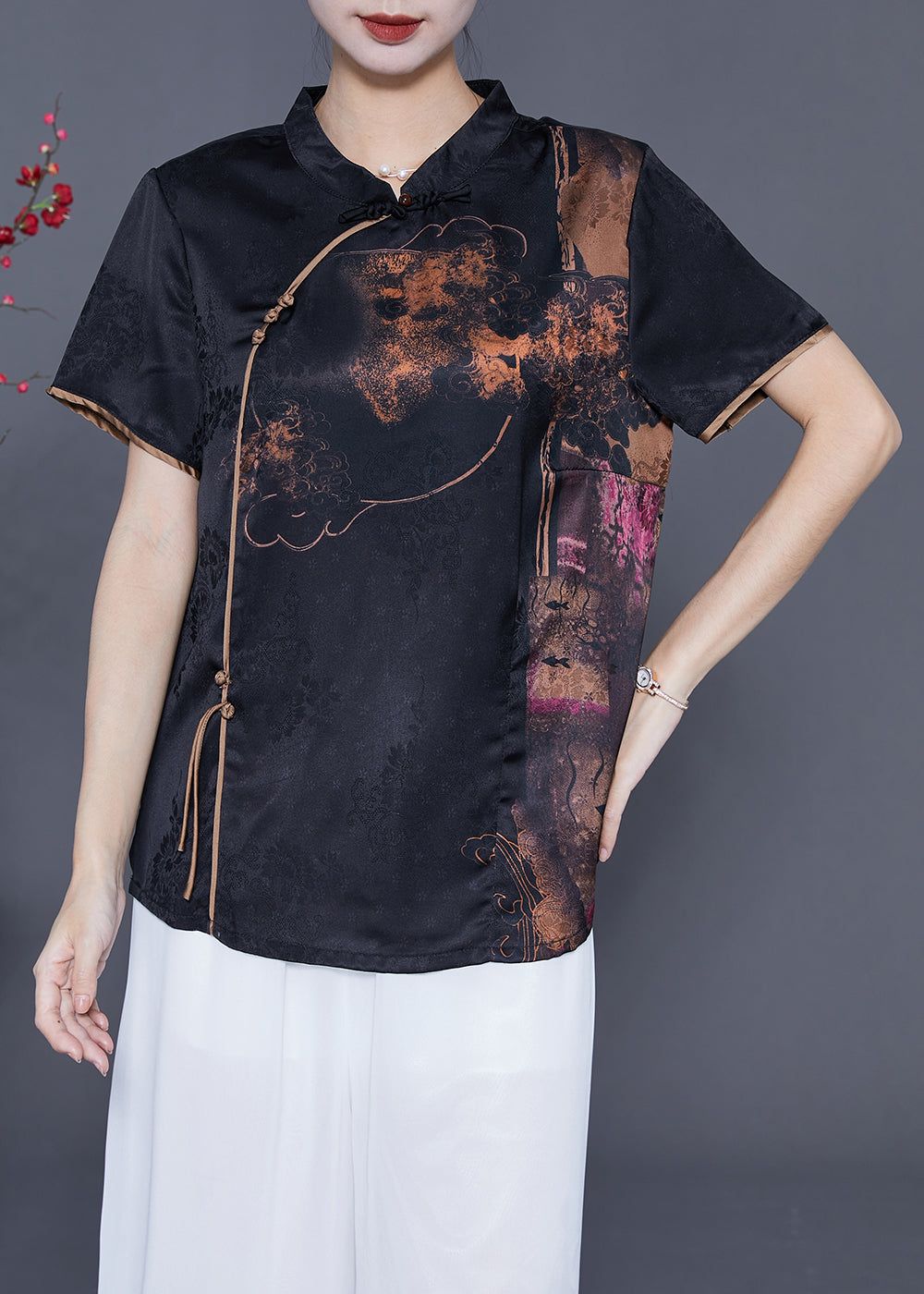 Vintage Black Mandarin Collar Print Silk Top Summer LY5399 - fabuloryshop