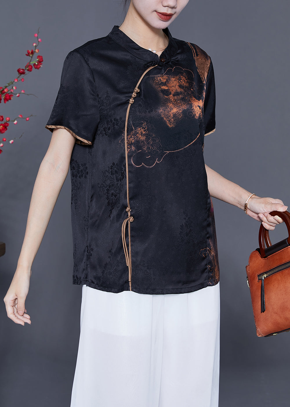 Vintage Black Mandarin Collar Print Silk Top Summer LY5399 - fabuloryshop