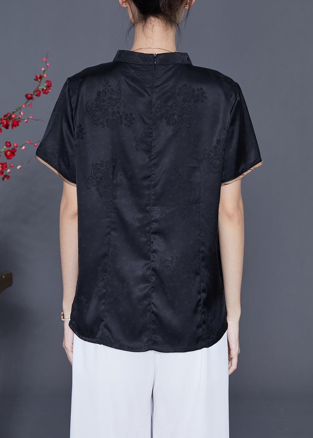 Vintage Black Mandarin Collar Print Silk Top Summer LY5399 - fabuloryshop