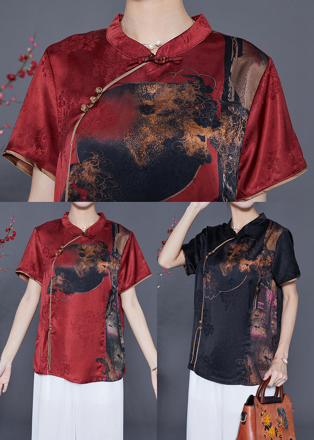 Vintage Black Mandarin Collar Print Silk Top Summer LY5399 - fabuloryshop