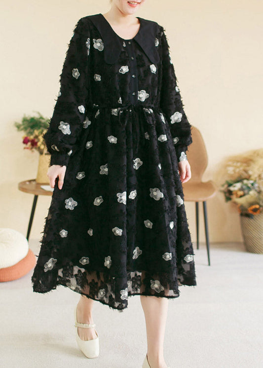 Vintage Black O-Neck Embroideried Floral Patchwork Cotton Long Dress Spring LY4458 - fabuloryshop