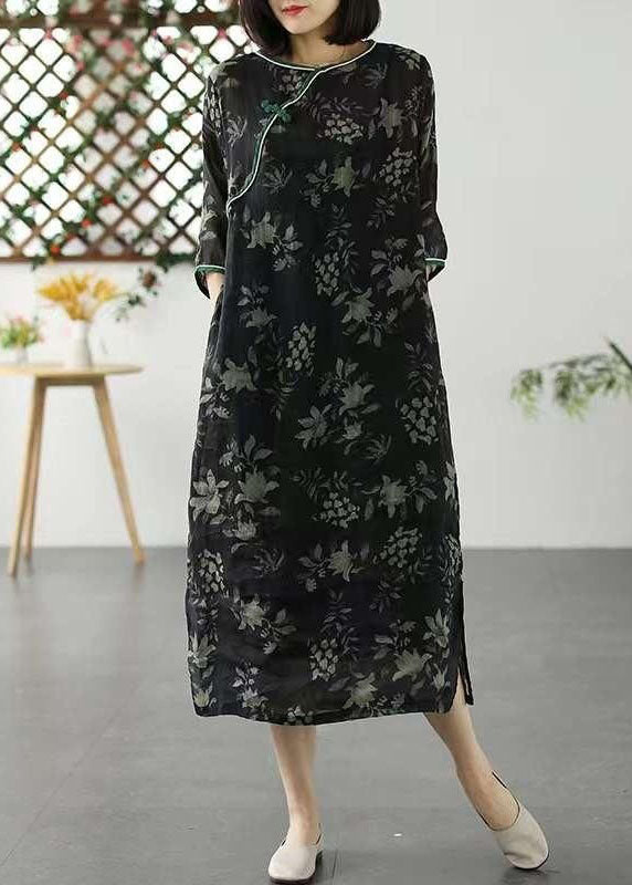 Vintage Black O Neck Patchwork Long Linen Dresses Summer LY2602 - fabuloryshop