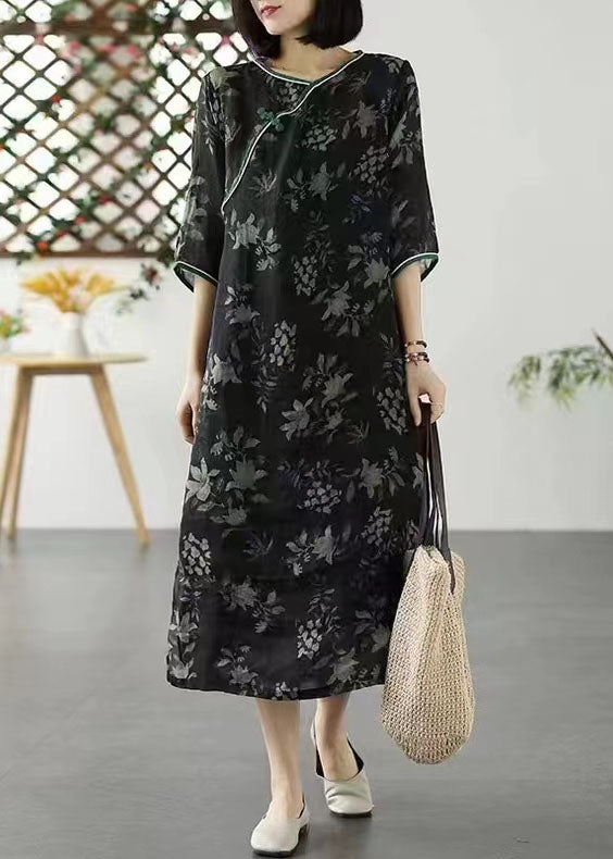 Vintage Black O Neck Patchwork Long Linen Dresses Summer LY2602 - fabuloryshop