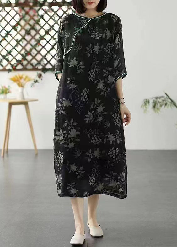 Vintage Black O Neck Patchwork Long Linen Dresses Summer LY2602 - fabuloryshop