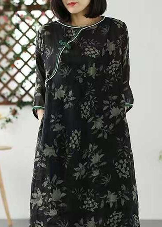 Vintage Black O Neck Patchwork Long Linen Dresses Summer LY2602 - fabuloryshop
