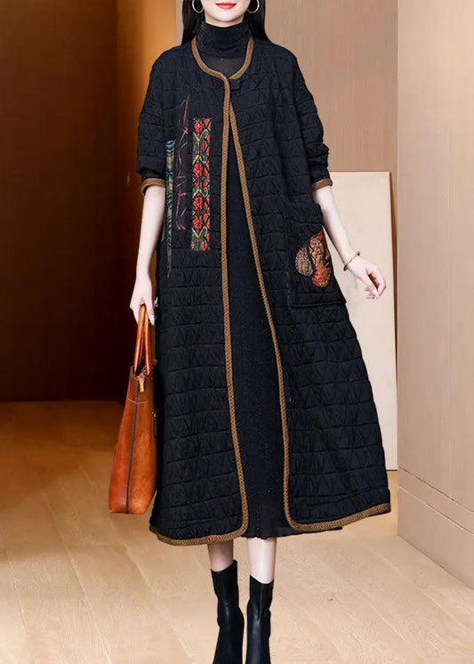 Vintage Black O Neck Pockets Patchwork Fine Cotton Filled Coat Winter Ada Fashion
