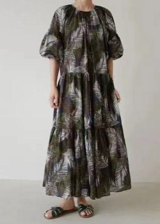 Vintage Black O-Neck Print Long Dress Short Sleeve LY1988 - fabuloryshop
