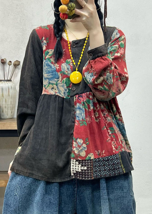 Vintage Black O Neck Print Patchwork Cotton Top Long Sleeve Ada Fashion
