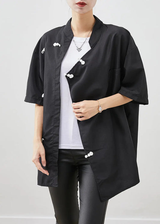 Vintage Black Oversized Chinese Style Cotton Shirt Short Sleeve Ada Fashion