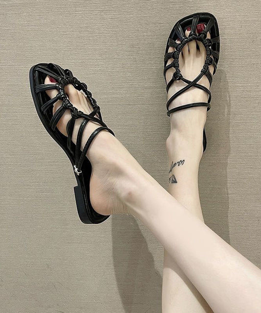 Vintage Black PU Flat Slide Sandals Splicing Hollow Out LY4340 - fabuloryshop