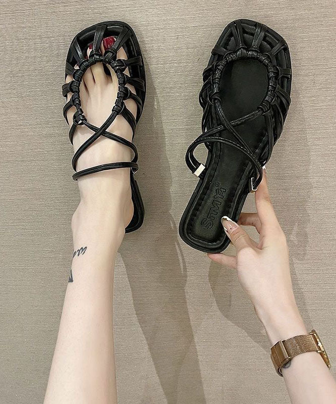 Vintage Black PU Flat Slide Sandals Splicing Hollow Out LY4340 - fabuloryshop