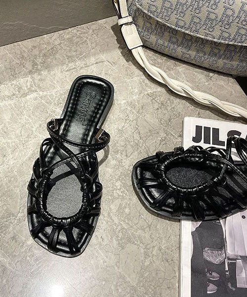 Vintage Black PU Flat Slide Sandals Splicing Hollow Out LY4340 - fabuloryshop