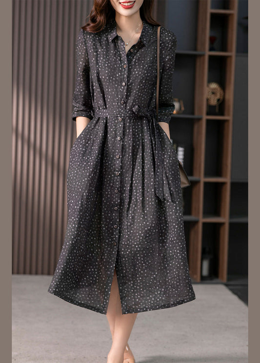 Vintage Black Peter Pan Collar Print Button Tie Waist Linen Long Shirts Dress Long Sleeve LY1732 - fabuloryshop