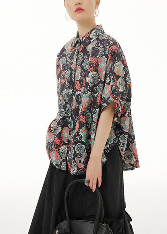 Vintage Black Peter Pan Collar Print Cotton Shirts Top Summer LY1232 - fabuloryshop