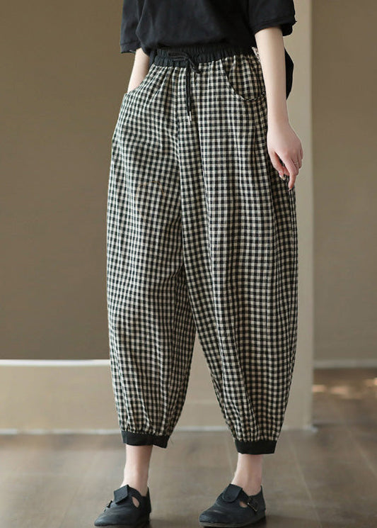 Vintage Black Plaid Elastic Waist Harem Pants Summer Ada Fashion