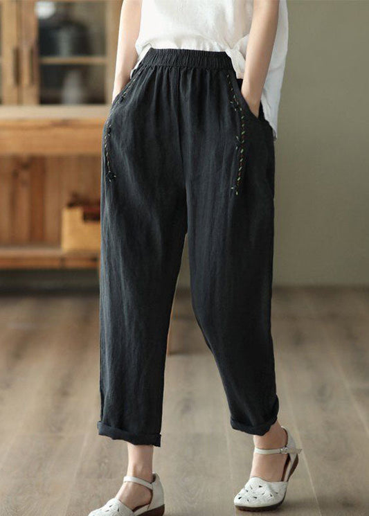 Vintage Black PocketsPatchwork Linen Pants Summer LY0215 - fabuloryshop