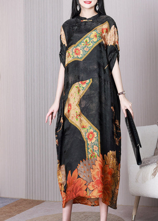 Vintage Black Print Patchwork Chinese Button Silk Long Dress Half Sleeve LY3754 - fabuloryshop